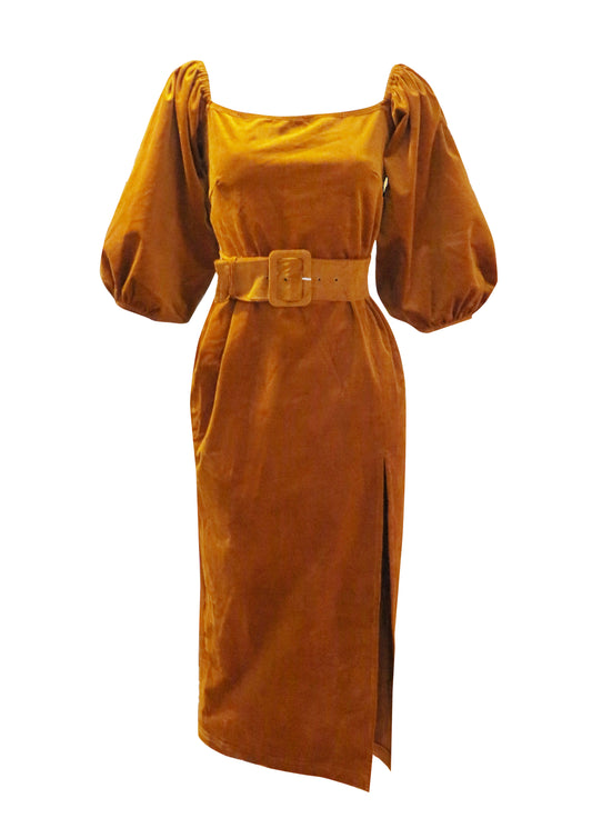 Belted Corduroy Slit Dress in Caramel