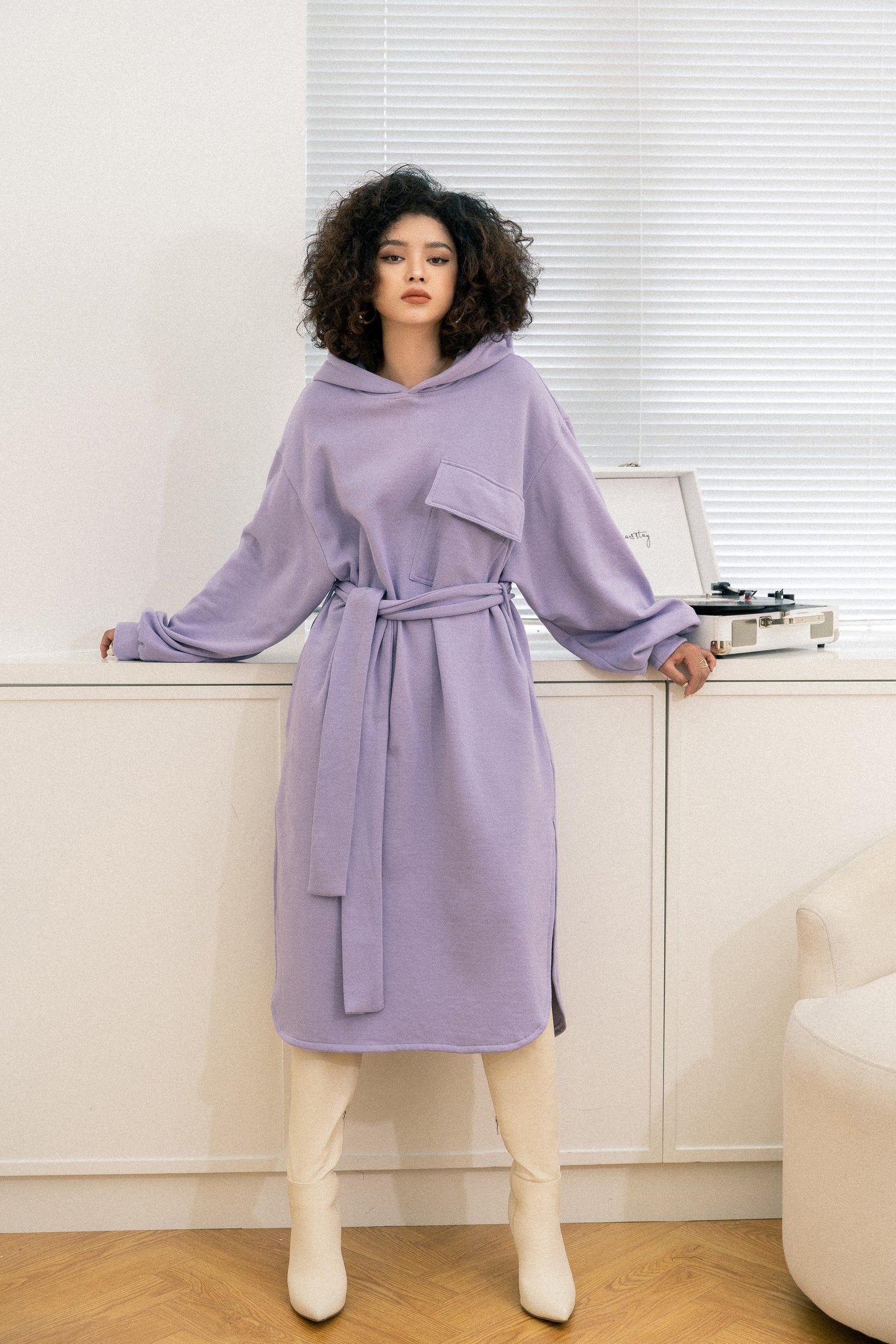 FRENCH TERRY FLEECE SWEAT DRESS IN LILAC